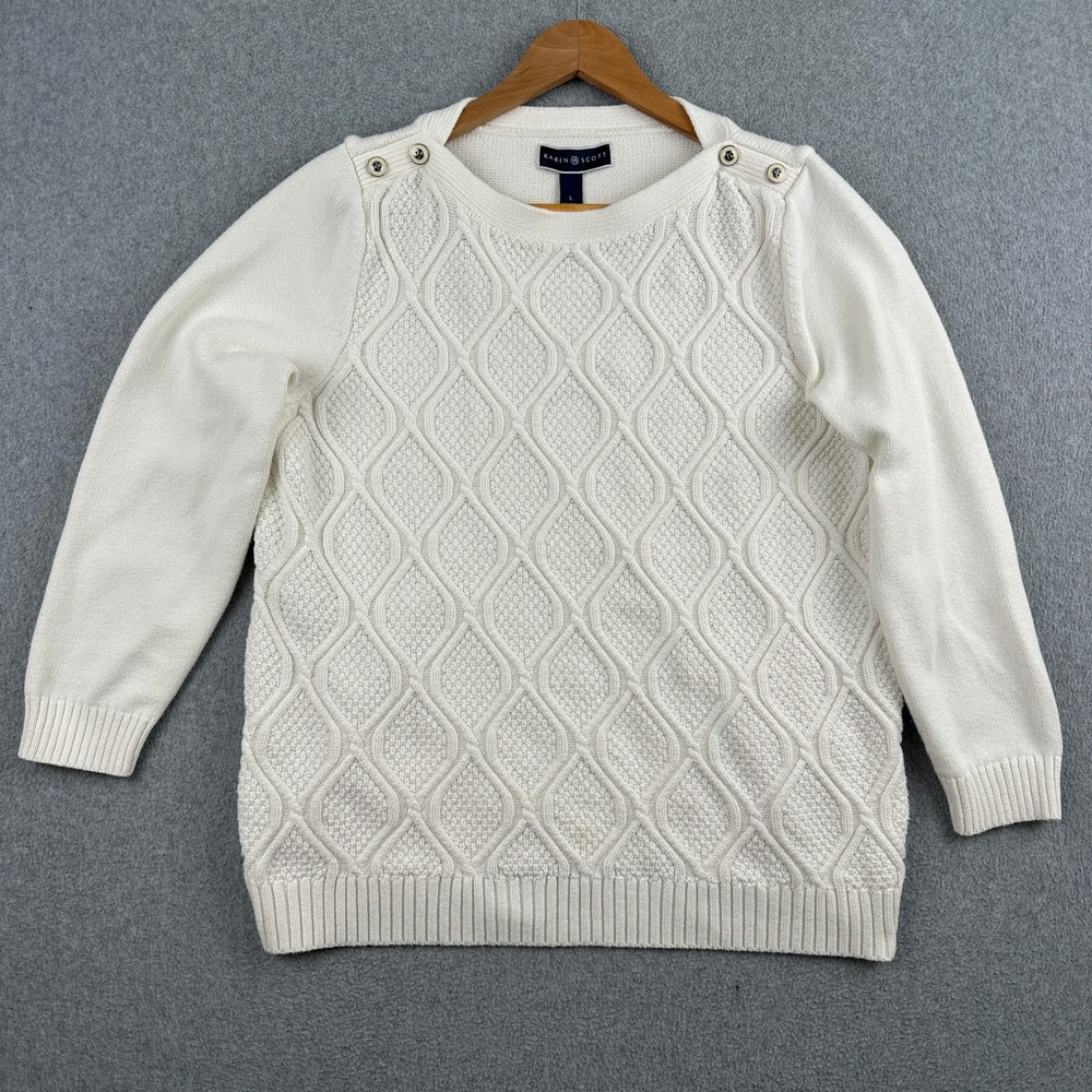 Karen Scott Sweater Womens L White Cable Knit Button Shoulder Long Sleeve